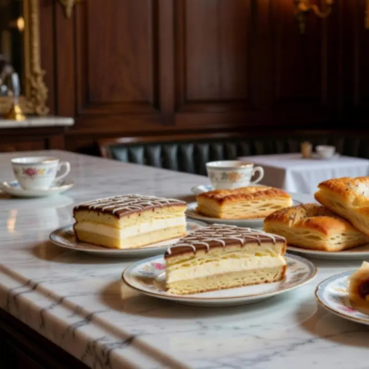 Klasszikus magyar és európai sütemények elegáns tálalása egy budapesti kávéház márvány pultján.