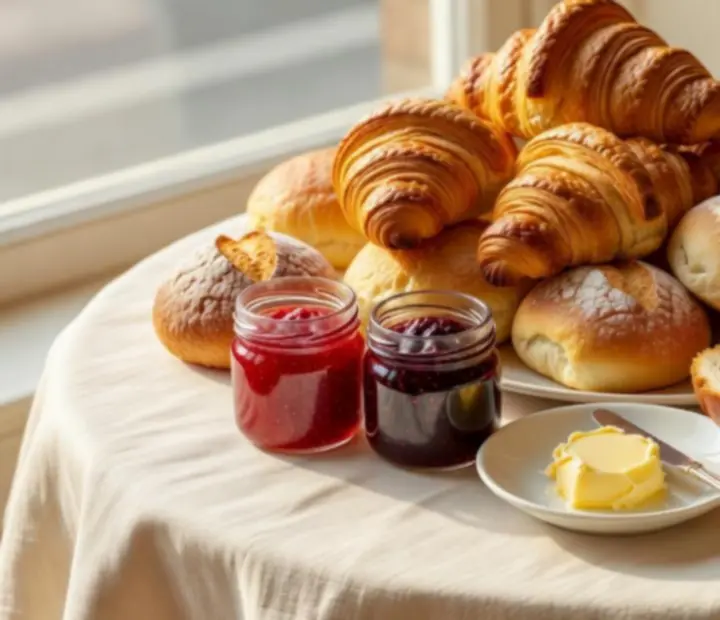 Egésznapos reggeli tál friss péksüteményekkel, croissant-nal és házi lekvárral egy napfényes kávéházi asztalon.