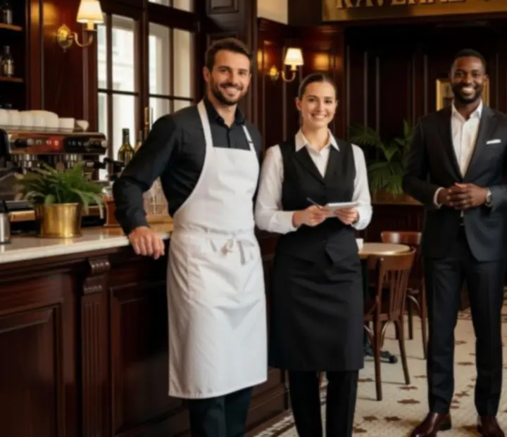 Mosolygós budapesti kávéházi csapat elegáns bistro-környezetben.