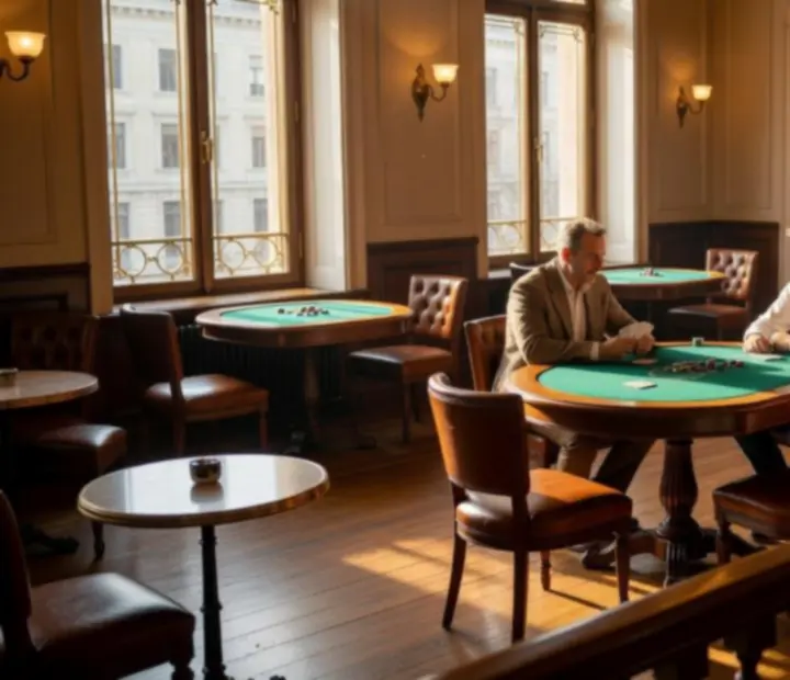 Napfényes budapesti bistro ablaka, fa székekkel és háttérben kártyaasztallal.