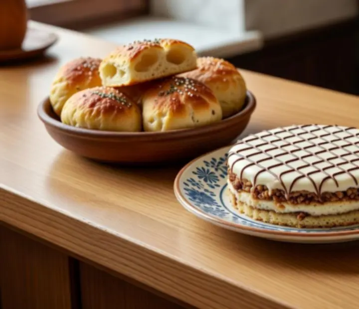 Friss házi péksütemények és torták elegáns pultban kiállítva.
