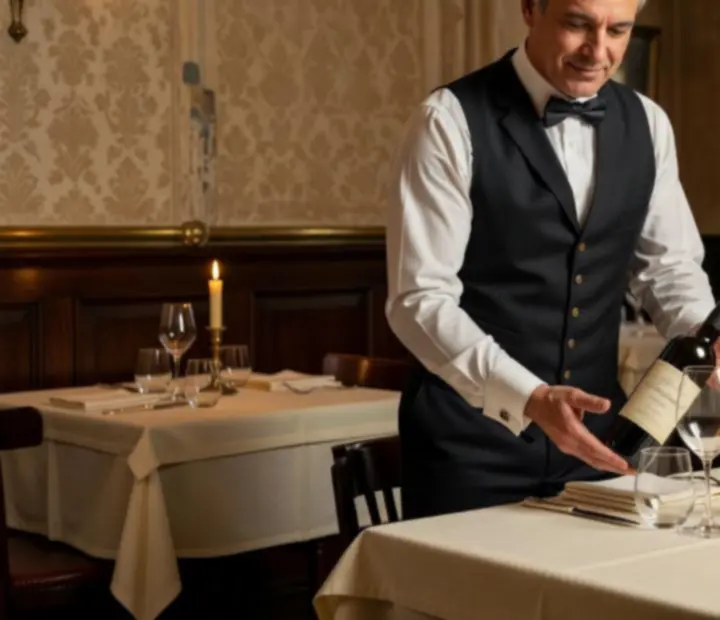 Sommelier elegáns borospohárba tölti a bort egy budapesti kávéház-bisztróban.