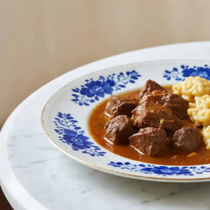 Klasszikus magyar főétel elegáns tálalásban, mártással és körettel egy budapesti bistro asztalán.