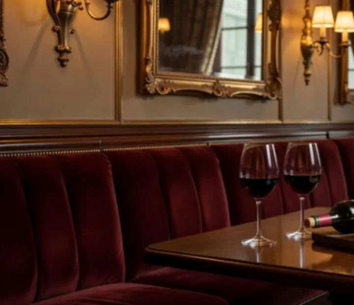 Pohárba töltött borok és fa tálcán felsorakoztatott palackok egy elegáns budapesti bistro bárpultján.